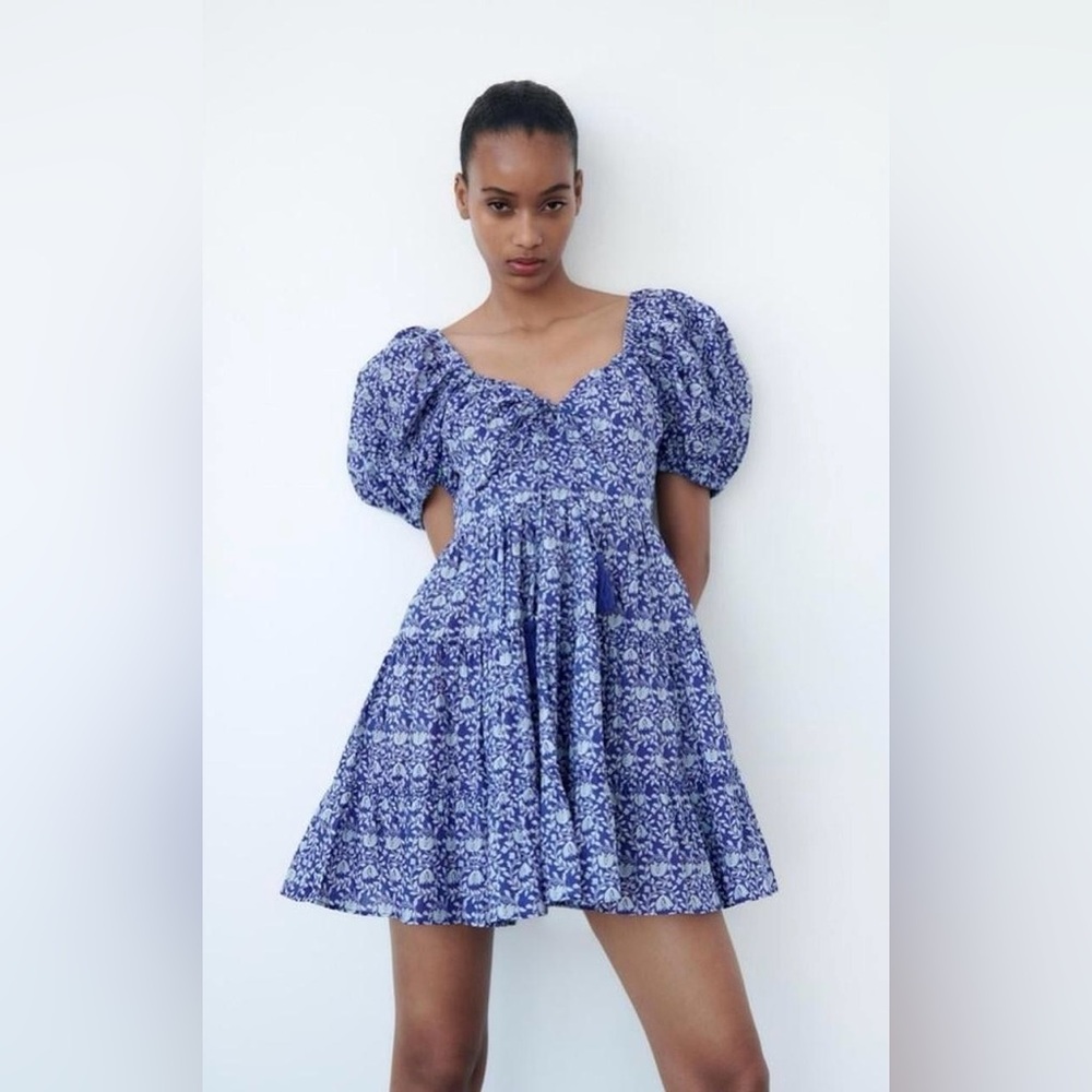 Zara Printed Short Dress - Size M - Blue & White